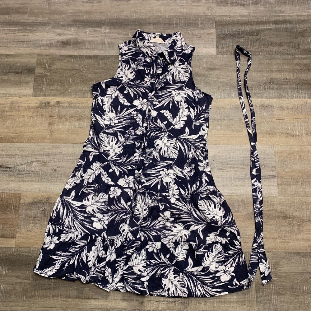 Lapogee Women's Large Navy Blue Tropical Floral Cotton & Linen Button Up Dress